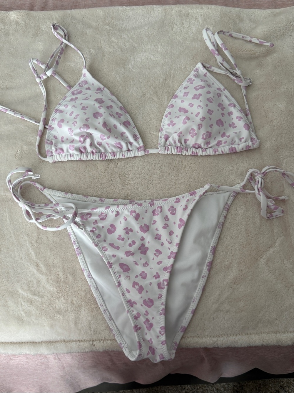 Forever 21 White and Light Pink Leopard Print Triangle Bikini Set